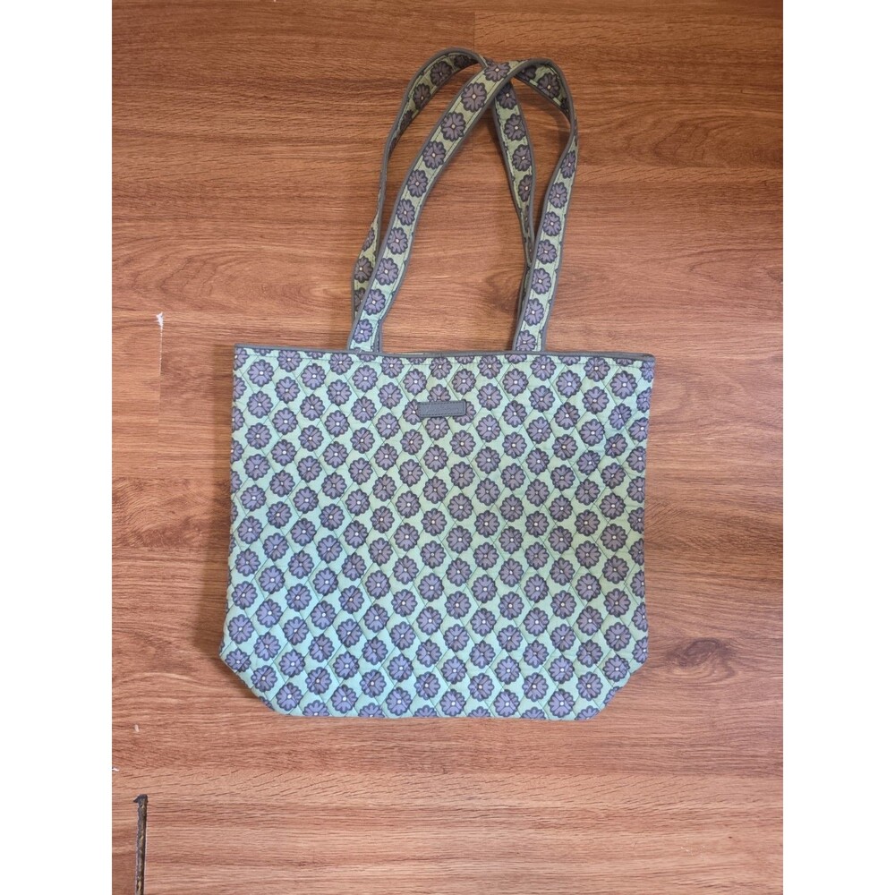 Pastel Soft Mint Green Gray VERA BRADLEY Flowered Quilted Tote Shoulder Bag